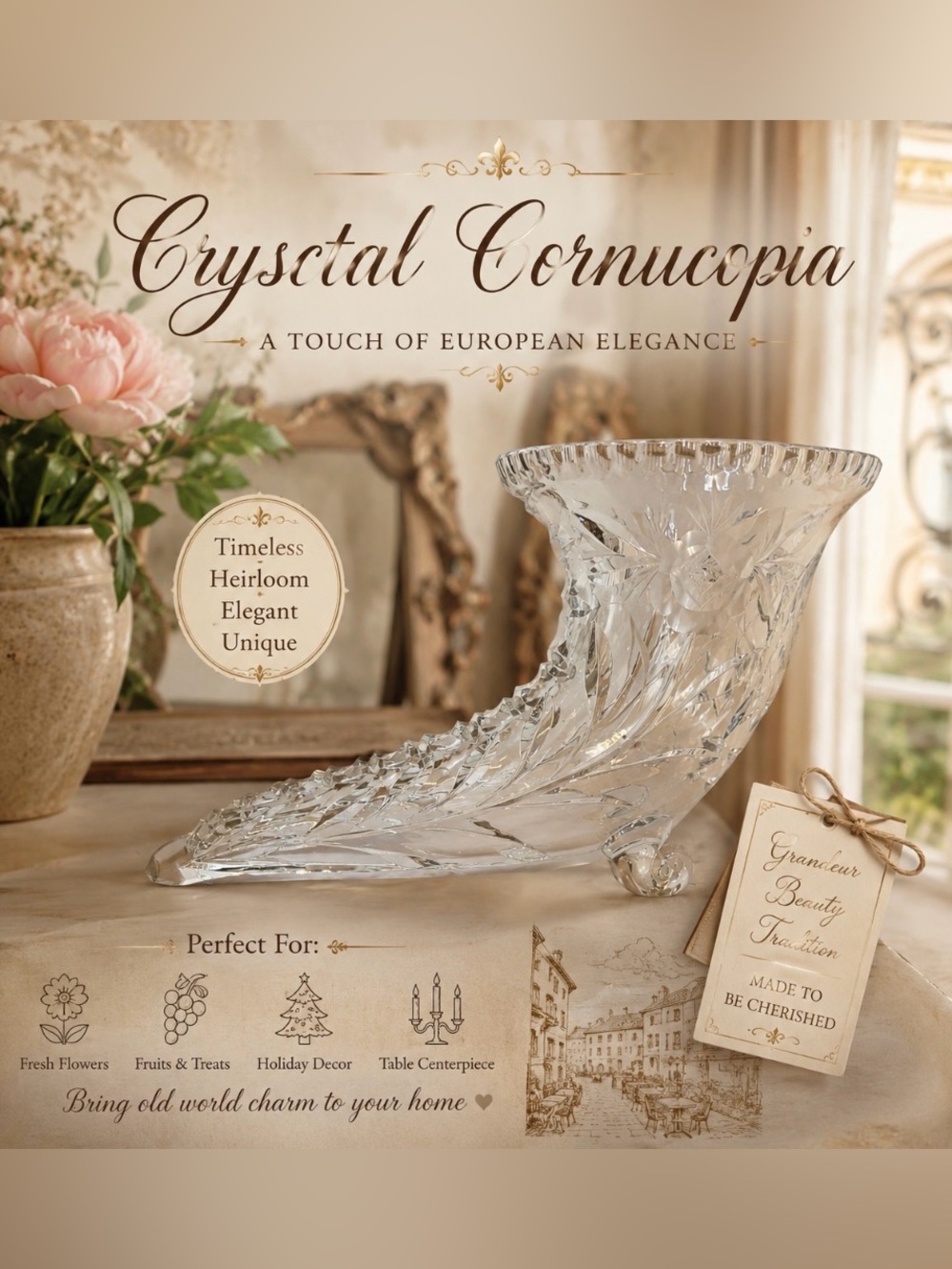 Vintage Whimsical Romantic Charming European Crystal Cornucopia